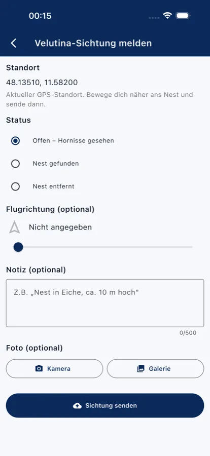 Meldeformular der App mit Standort, Status, Flugrichtung, Notiz und Foto