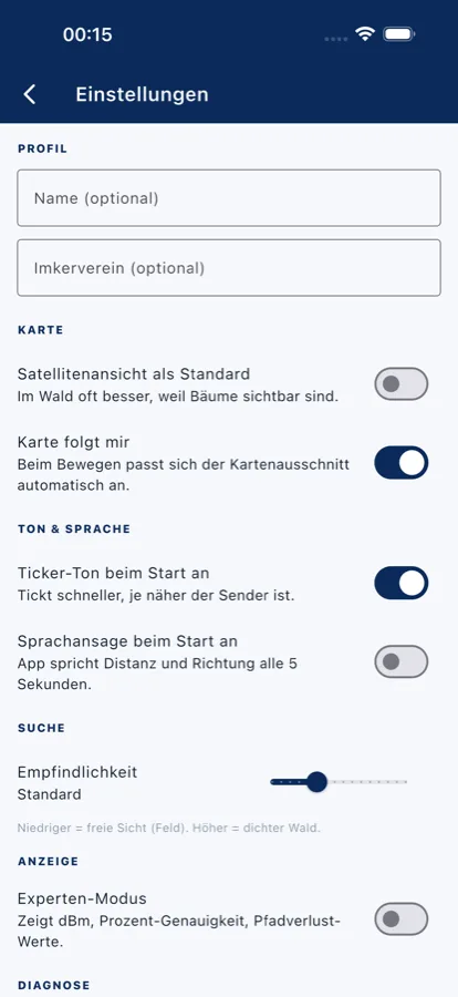 Einstellungen der App mit Profil, Karte, Ton und Anzeige